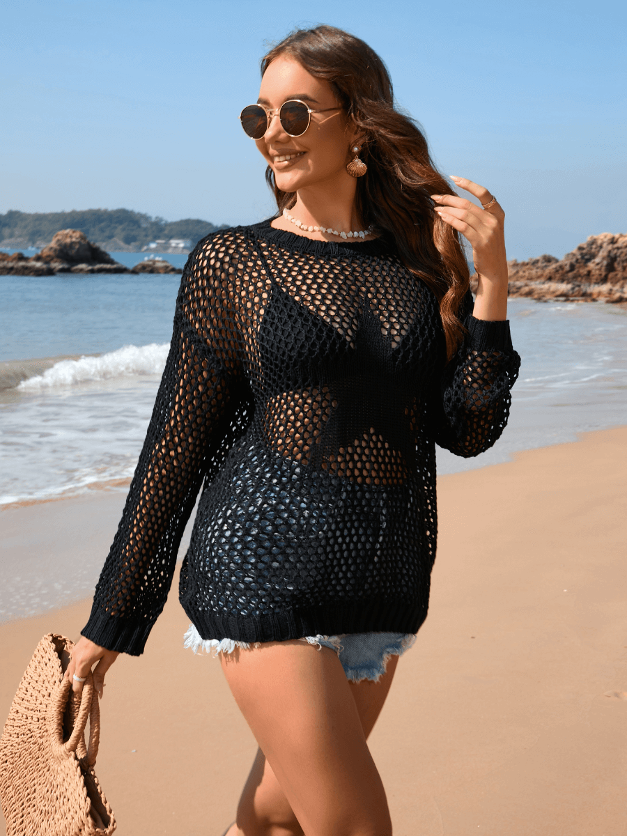 Vacation Star Cover-up Crochet Knit Sweater - Black