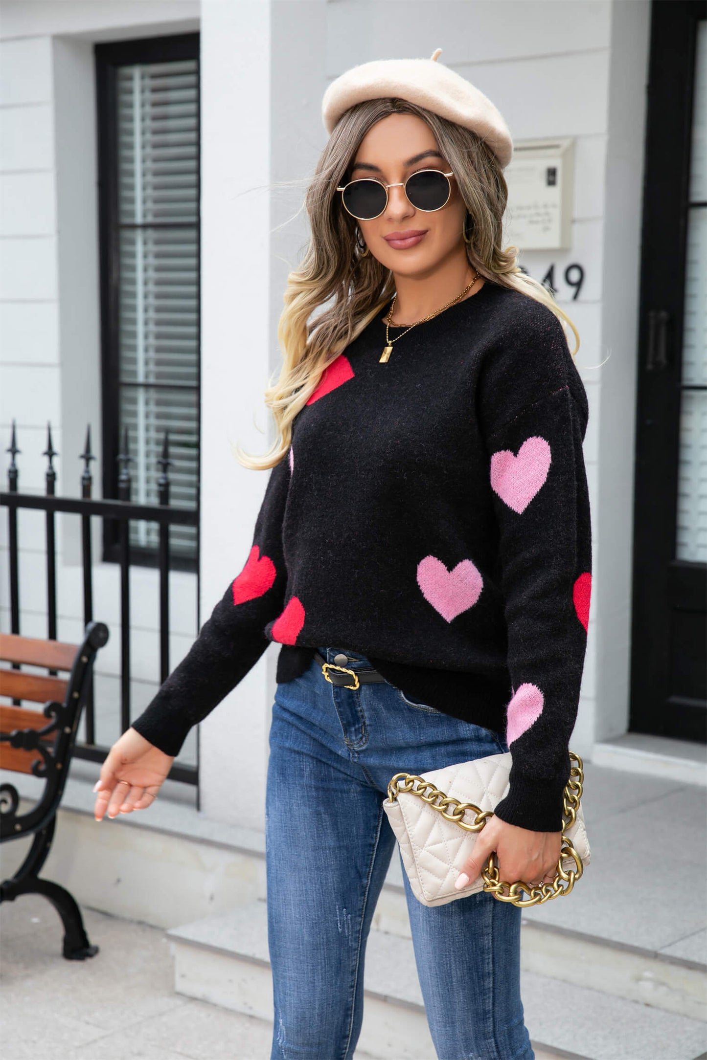 Poker Heart Knit Sweater - Black