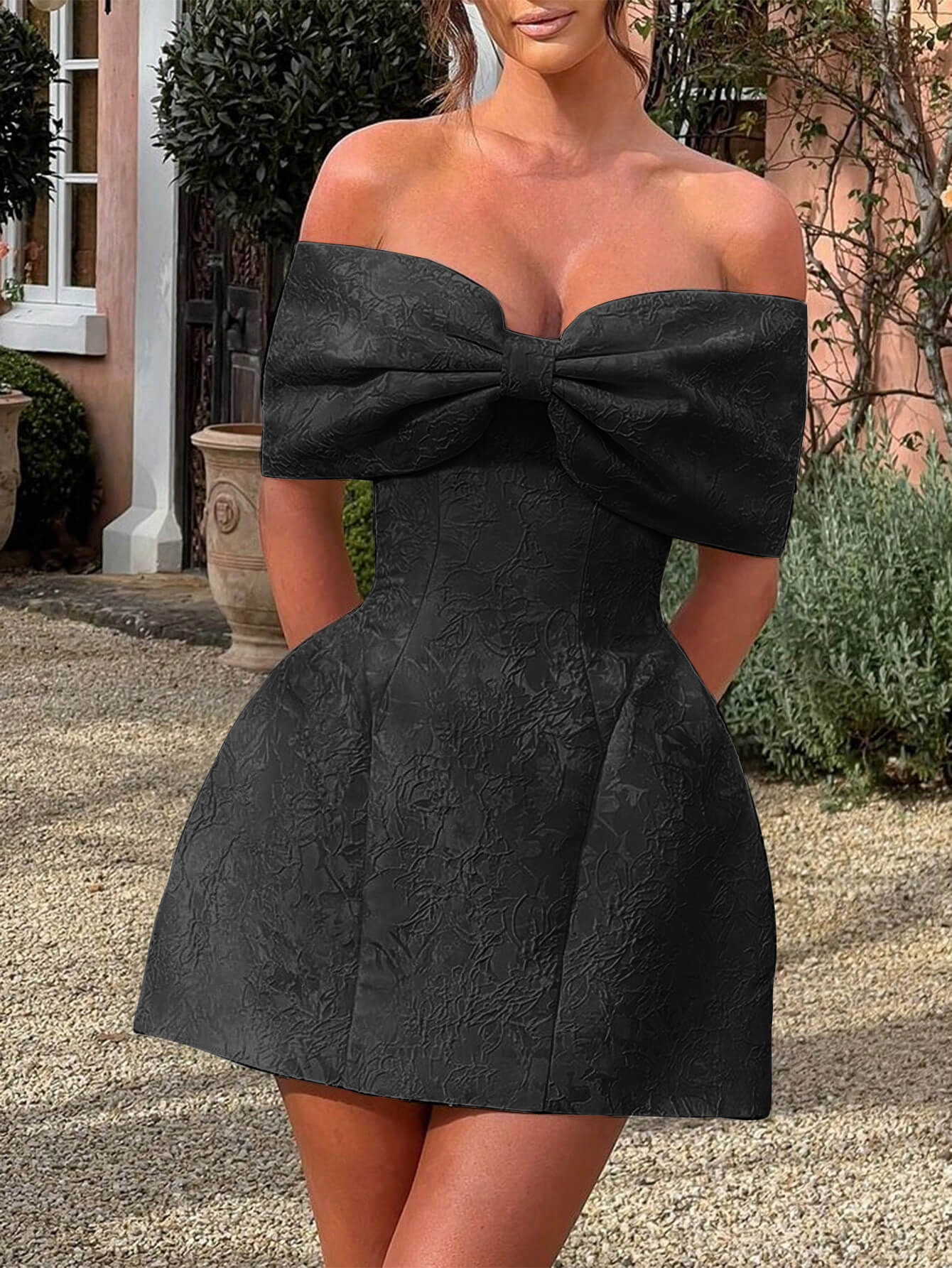 Whispering Bow Off the Shoulder Mini Dress