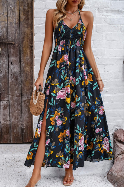 Hawaii Print Tie Back Halter Maxi Dress - Black