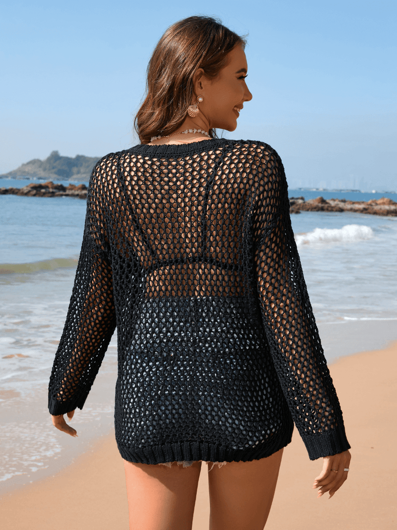Vacation Star Cover-up Crochet Knit Sweater - Black