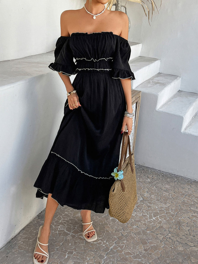 Aubrianna Ruched Contrast Trim Maxi Dress - Black