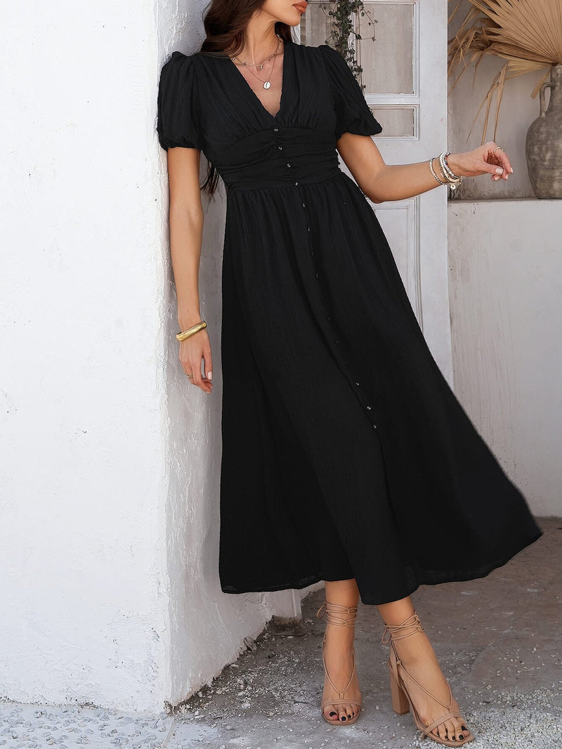 Coriene Short Puff Sleeve Maxi Dress - Black