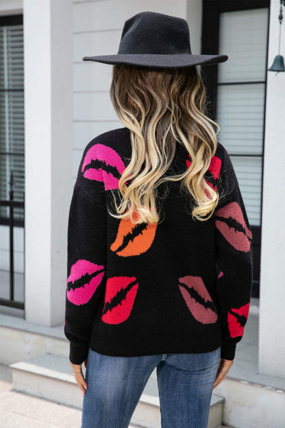 Valentine Kiss Knit Sweater - Black