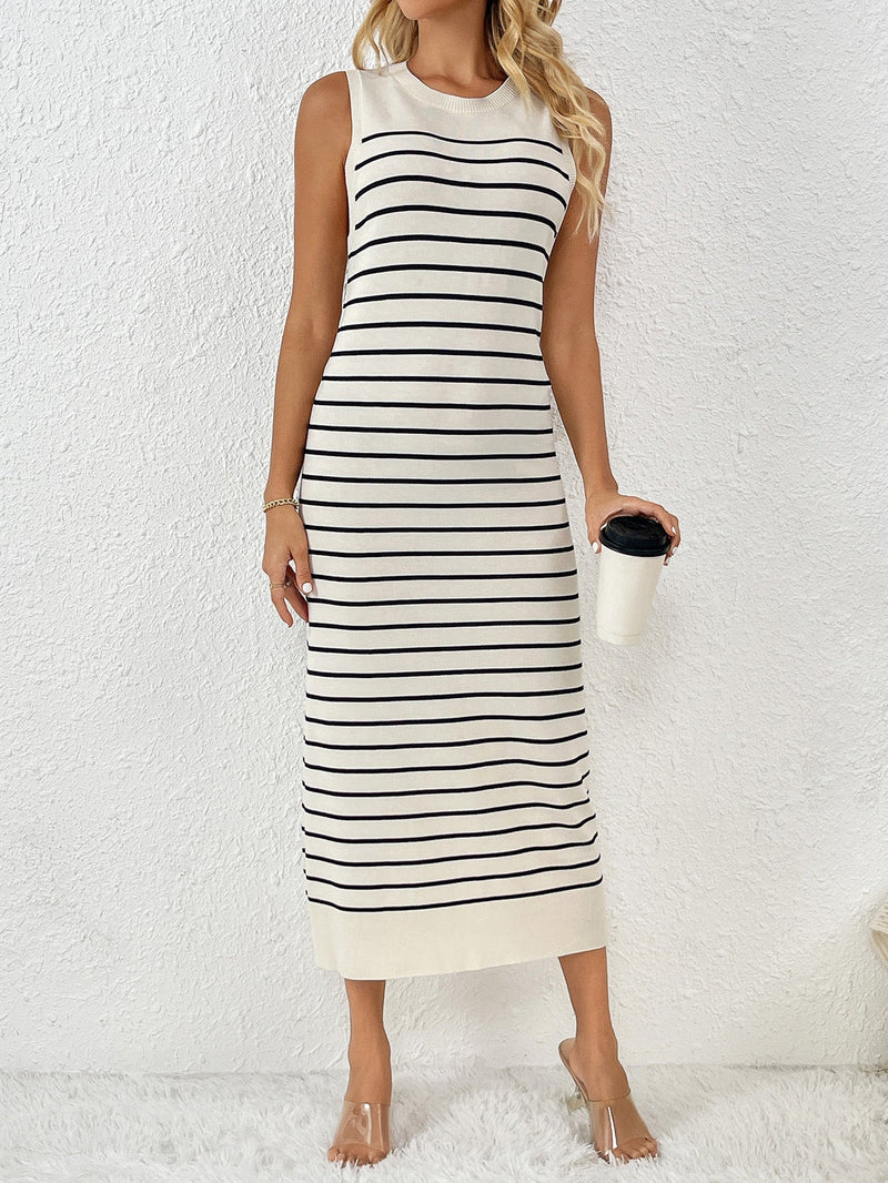 Dancing on Air Striped Knit Midi Dress - Black