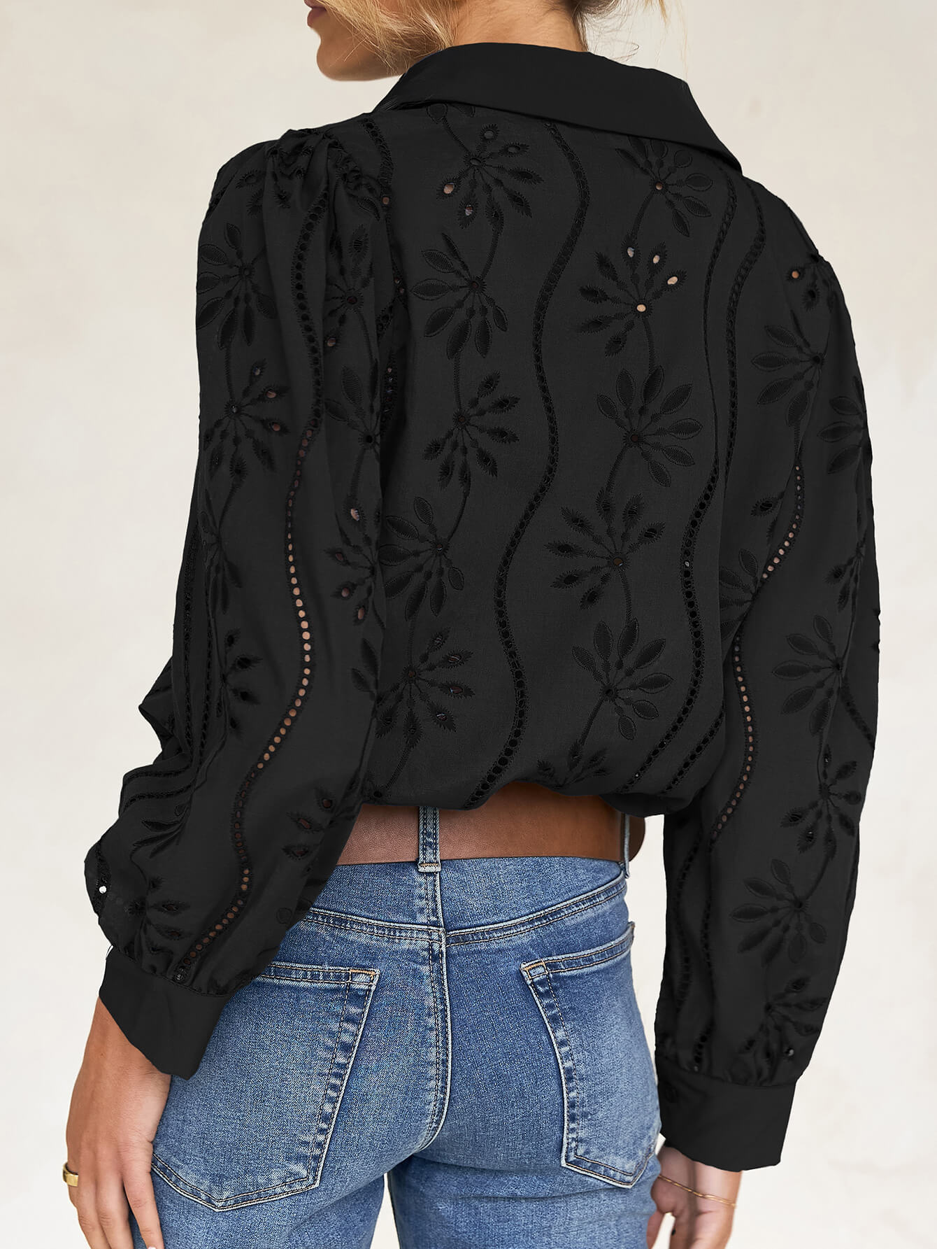Miley Perforated Long Sleeve Blouse - Black