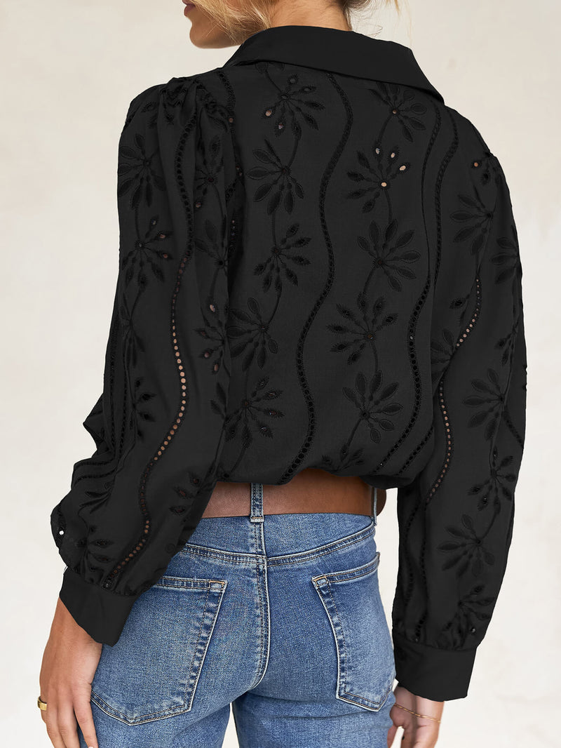 Miley Perforated Long Sleeve Blouse - Black
