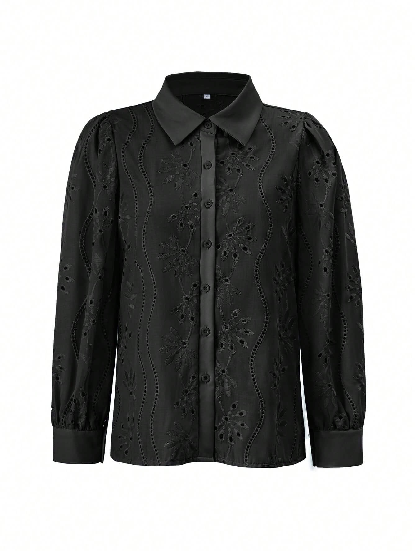 Miley Perforated Long Sleeve Blouse - Black