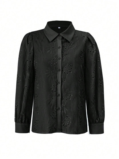 Miley Perforated Long Sleeve Blouse - Black