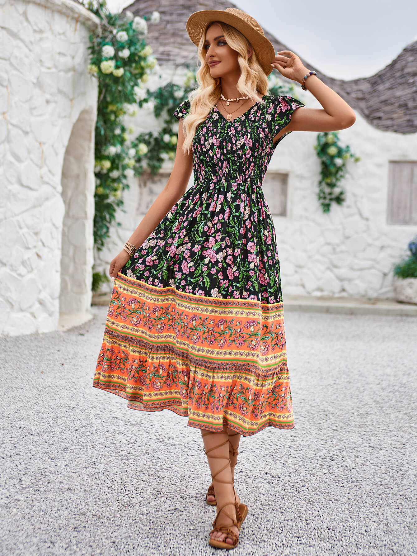 Ashlyn V-neck Tiered Midi Dress - Black