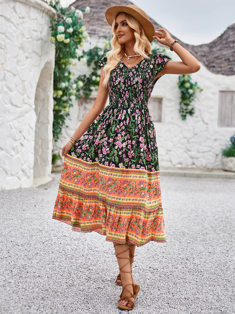 Ashlyn V-neck Tiered Midi Dress - Black