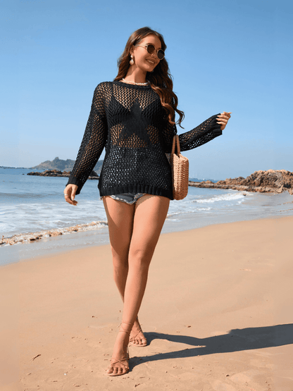 Vacation Star Cover-up Crochet Knit Sweater - Black