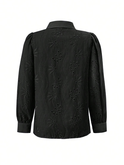 Miley Perforated Long Sleeve Blouse - Black