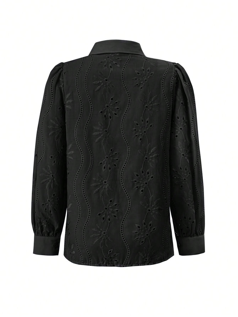 Miley Perforated Long Sleeve Blouse - Black
