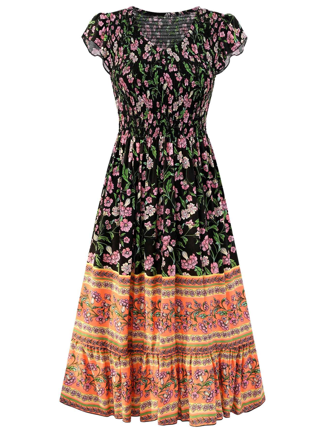 Ashlyn V-neck Tiered Midi Dress - Black