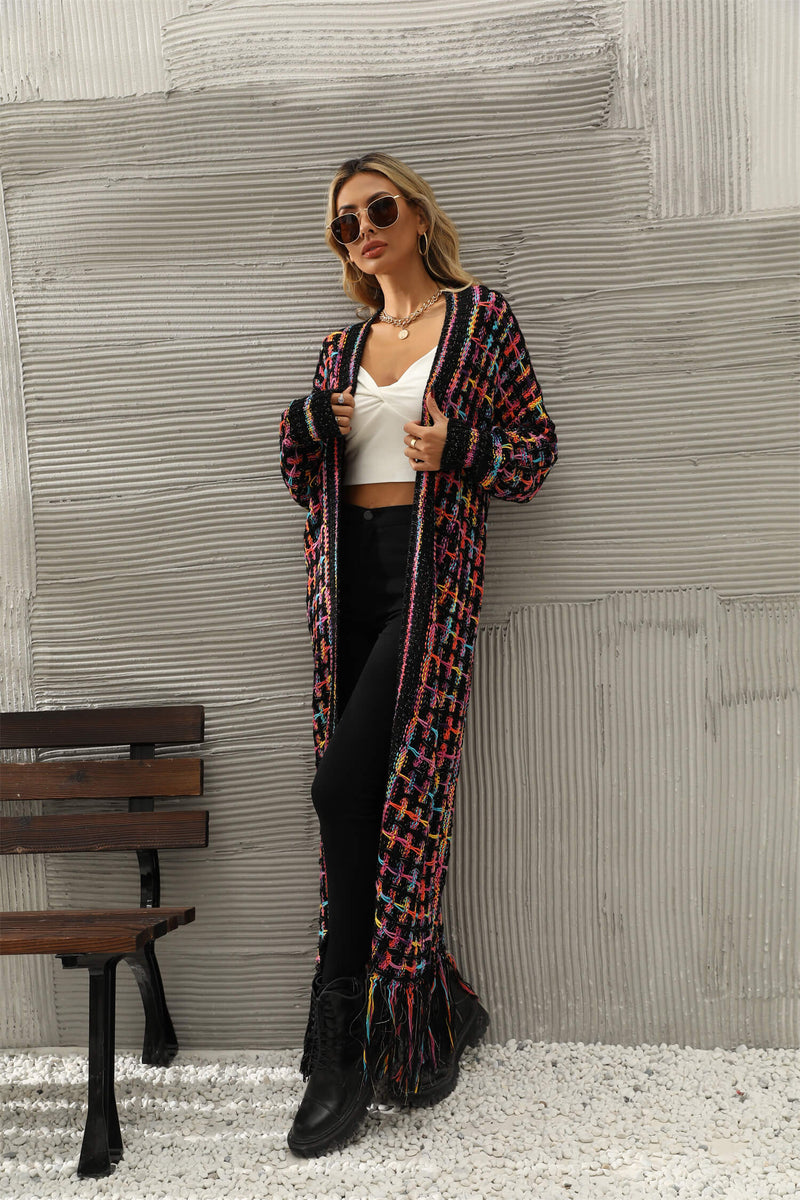 Lana Fringe Hem Knit Duster Cardigan - Black