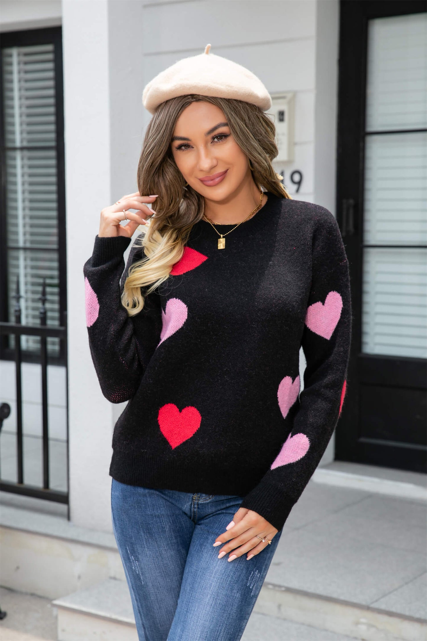 Poker Heart Knit Sweater - Black