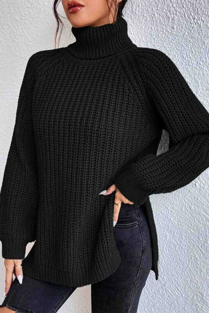 Raglan Sleeve Turtleneck Slit Mid-length Sweater