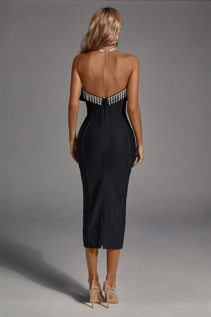 Everly Black Strapless Diamante Midi Dress