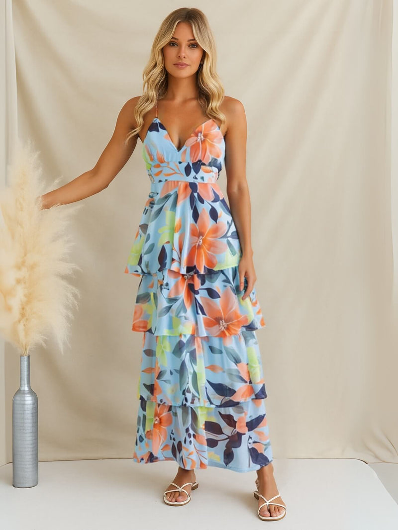 Ethereal Bloom Tiered Chiffon Maxi Dress
