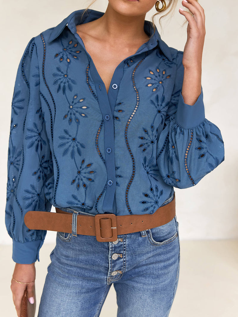 Miley Perforated Long Sleeve Blouse - Blue