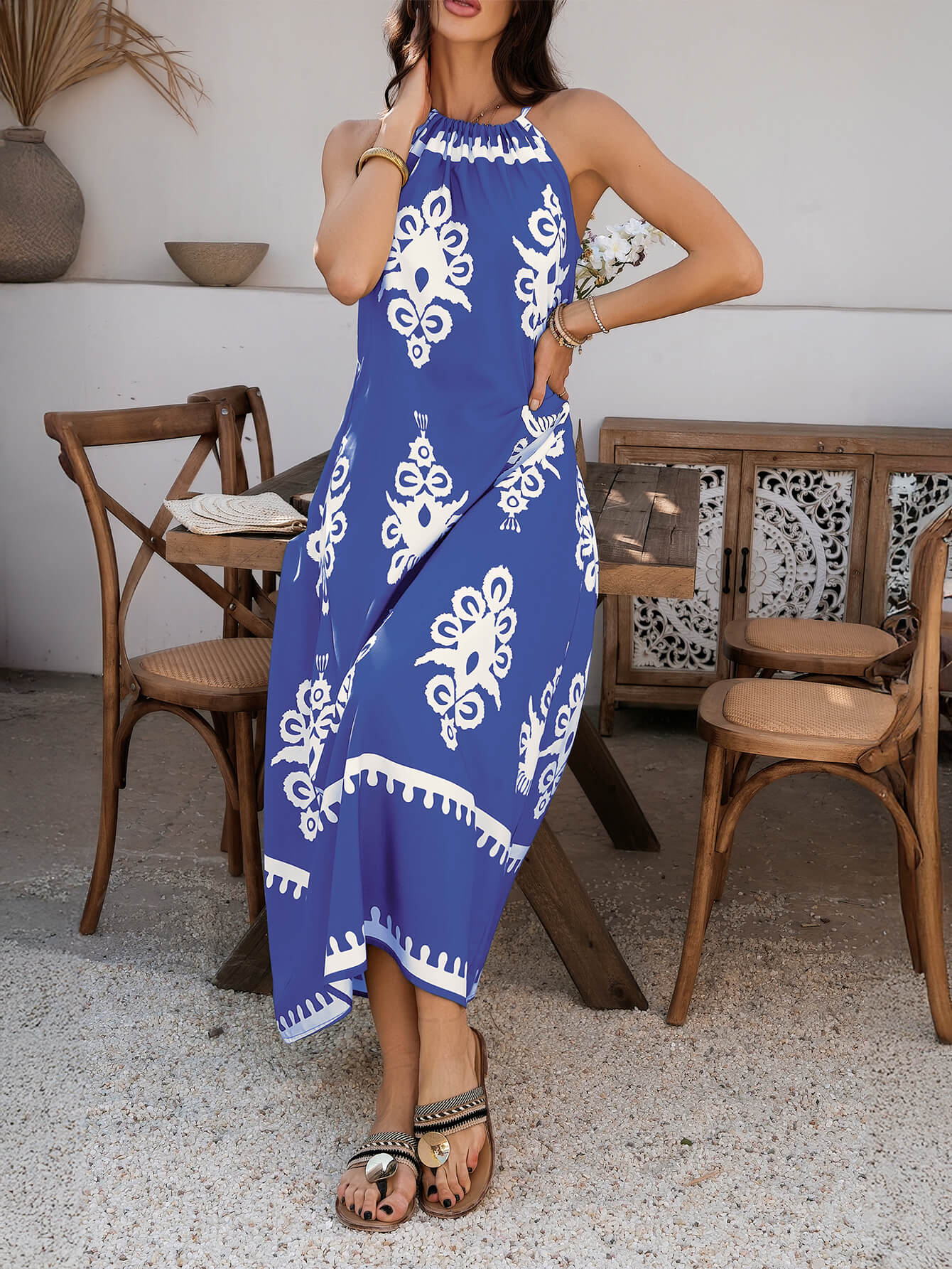 Indy Abstract Halter Neckline Maxi Dress - Blue