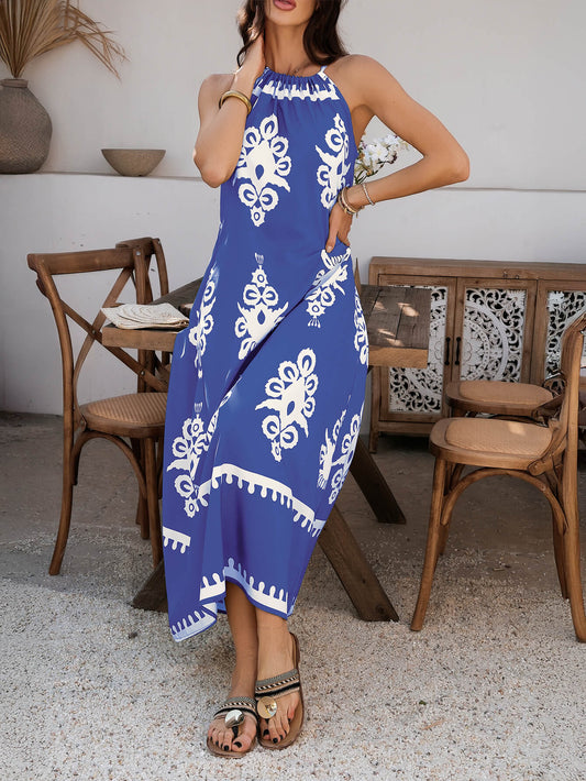 Indy Abstract Halter Neckline Maxi Dress - Blue