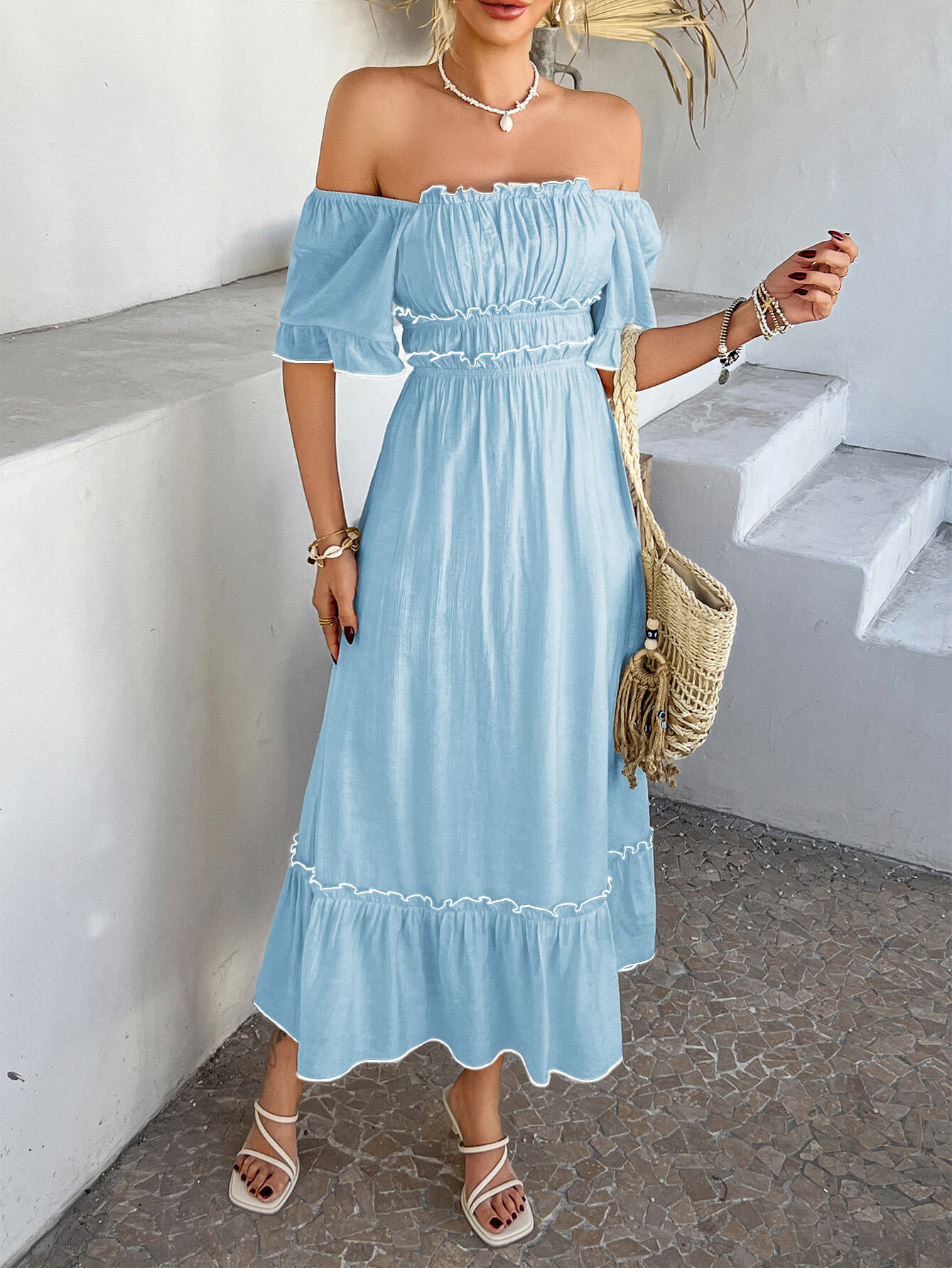 Aubrianna Ruched Contrast Trim Maxi Dress - Blue