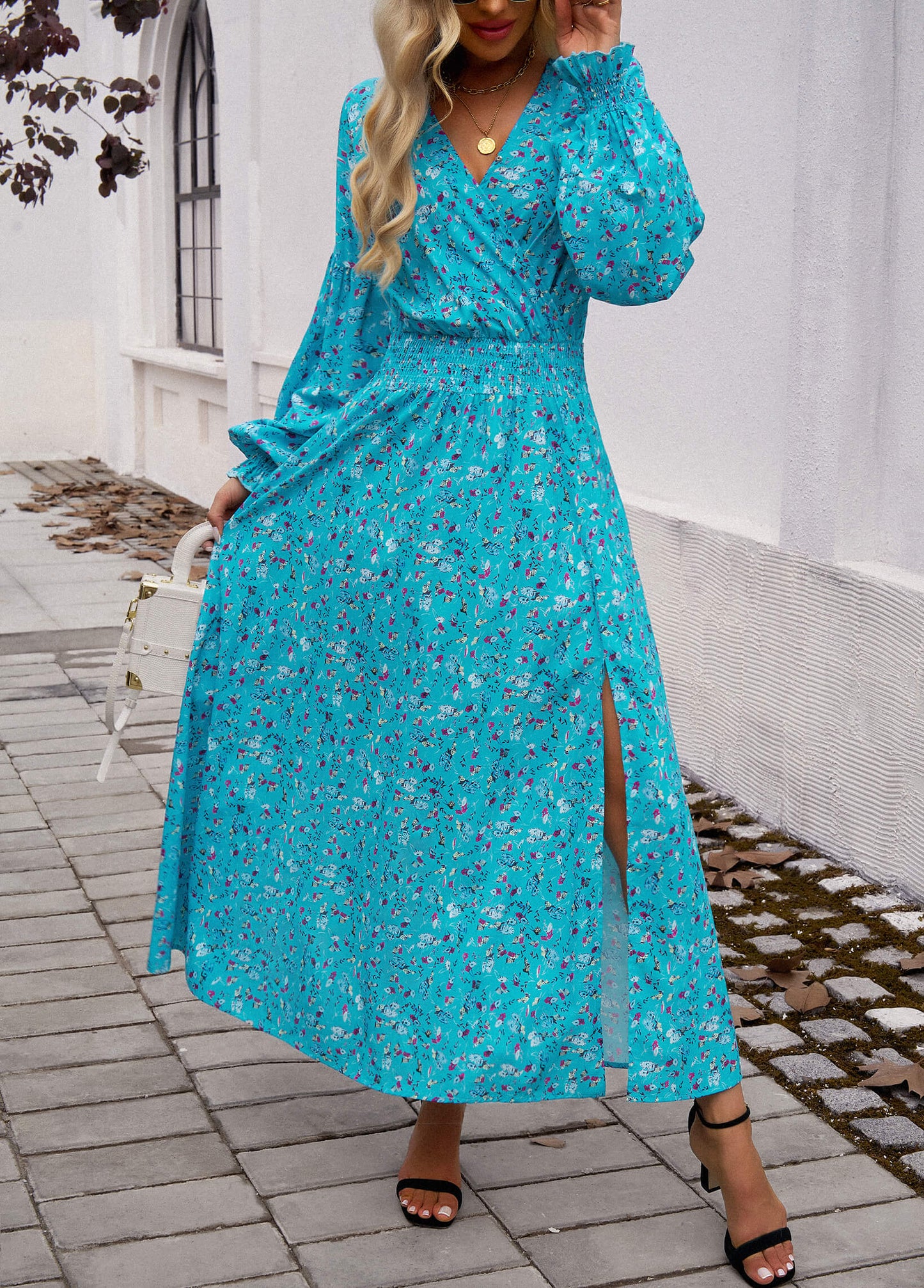 Lisette V-neck Print Tiered Maxi Dress - Blue