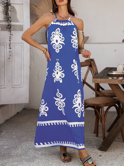 Indy Abstract Halter Neckline Maxi Dress - Blue
