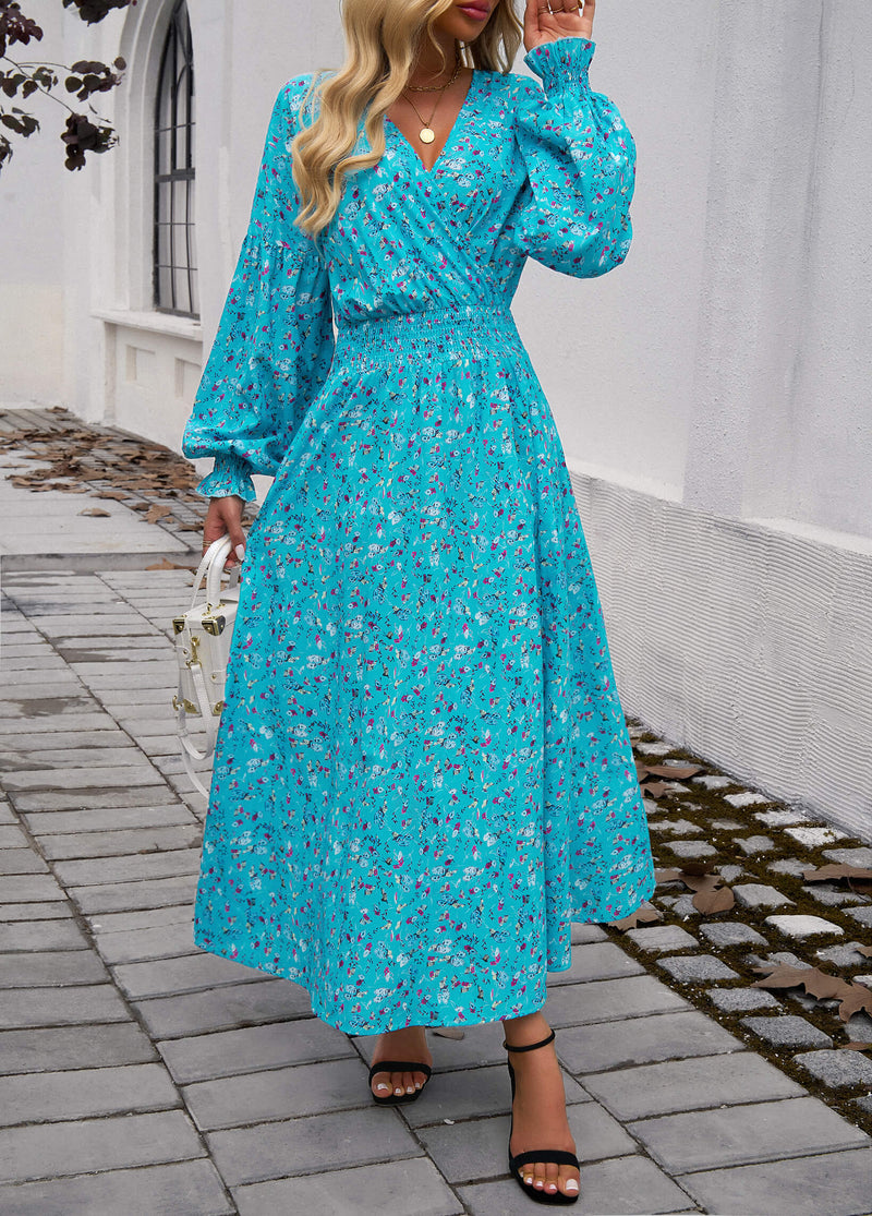 Lisette V-neck Print Tiered Maxi Dress - Blue