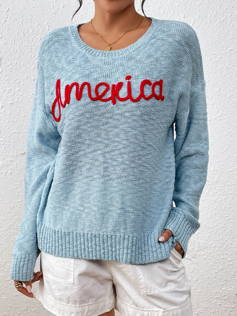 America Mom Knit Pullover Sweater - Blue