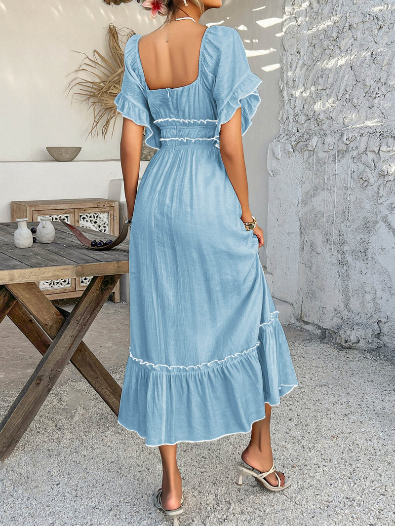 Aubrianna Ruched Contrast Trim Maxi Dress - Blue