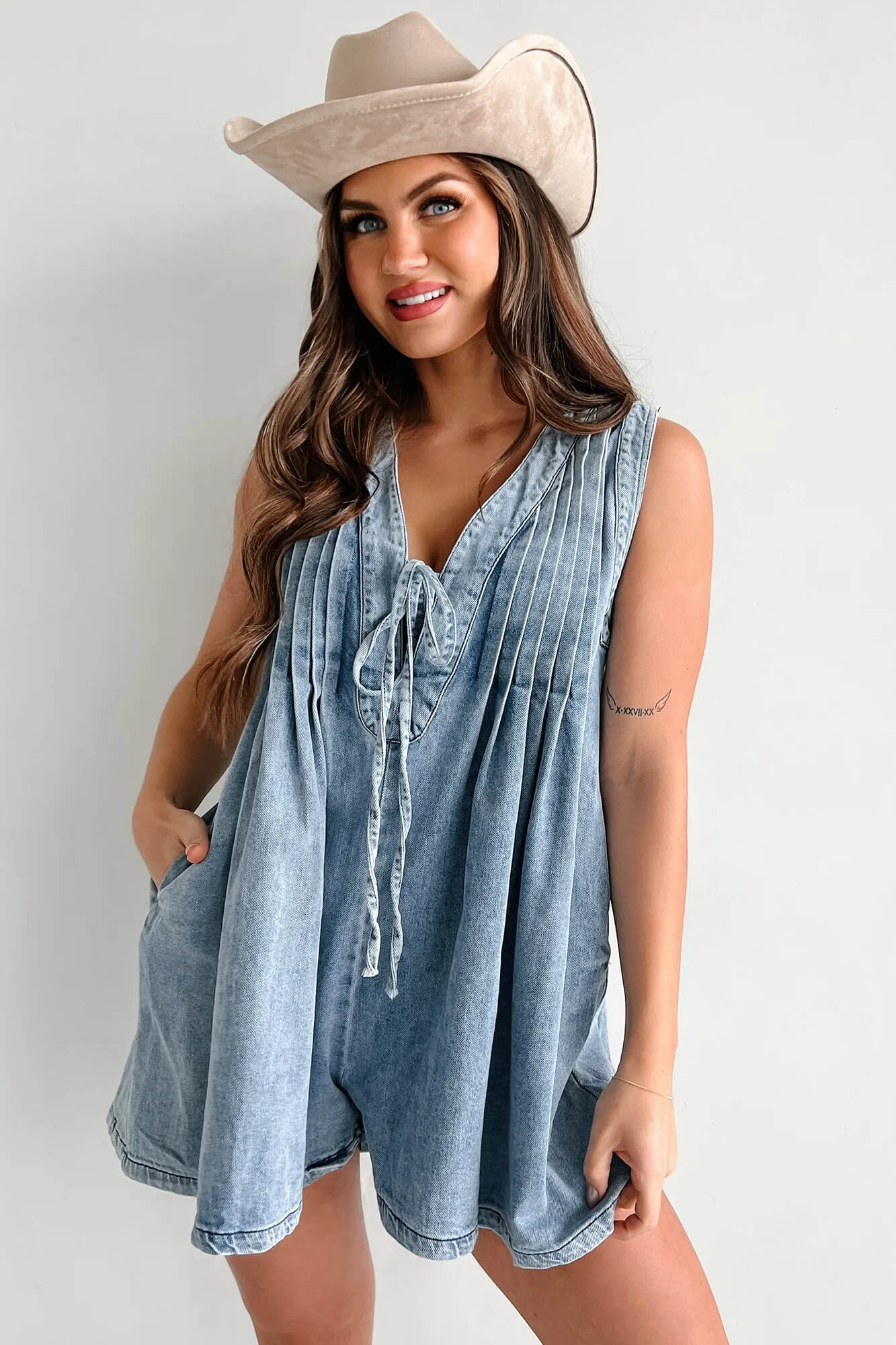 Texas Babydoll Denim Romper - Blue