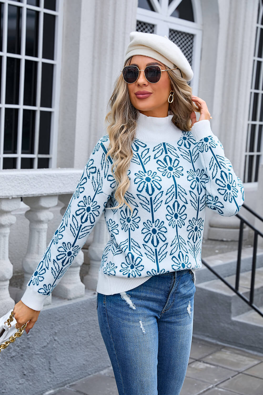 Fall in Flower Mockneck Sweater - Blue