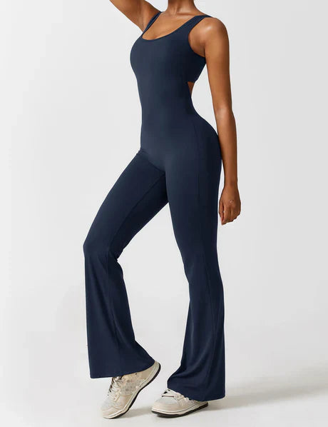 V-back Flared Jumpsuit Blue