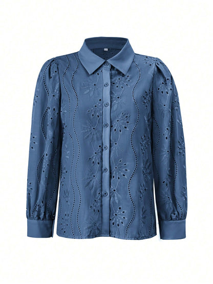 Miley Perforated Long Sleeve Blouse - Blue