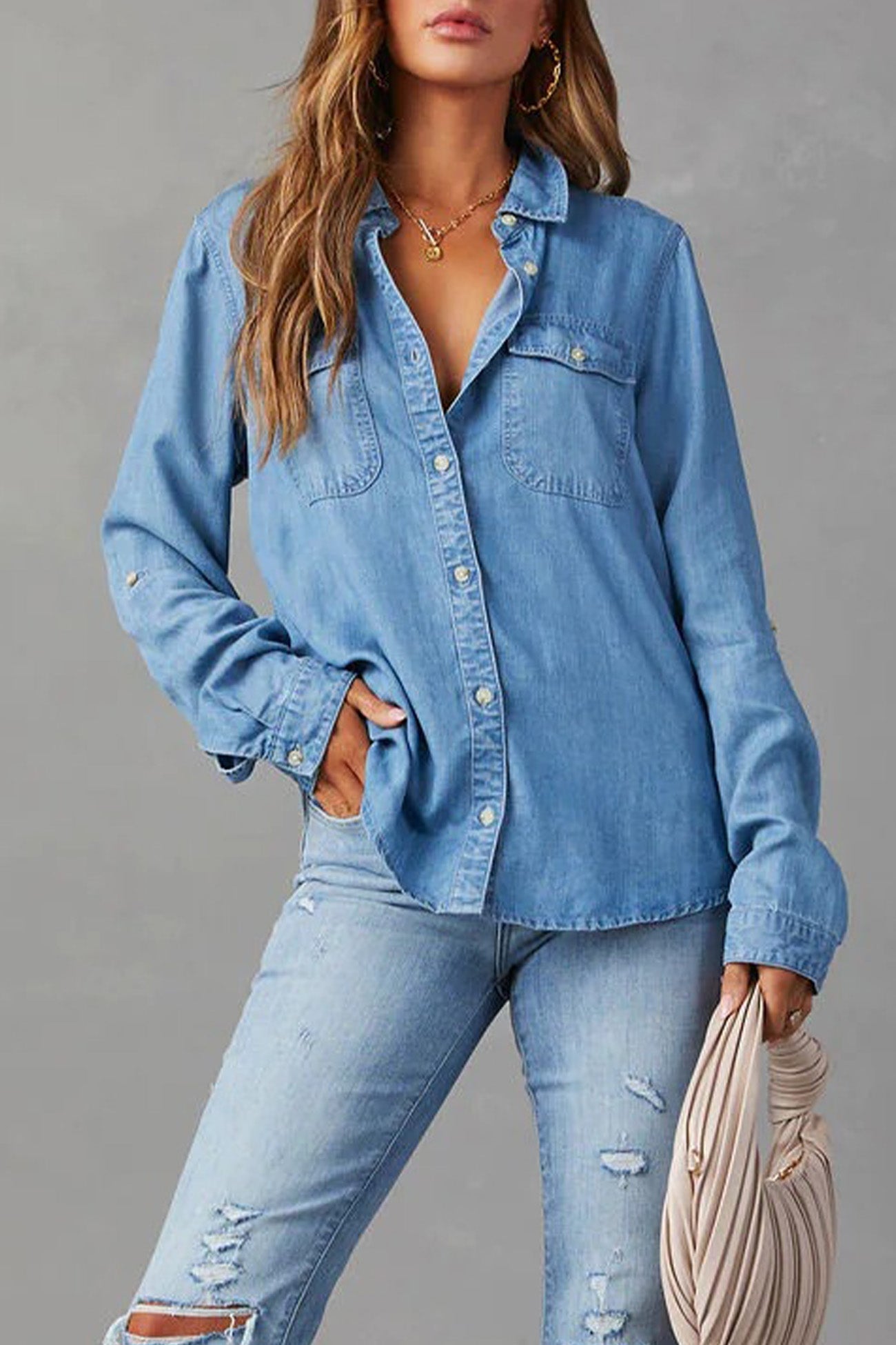 Long Sleeve Button-up Denim Blouse