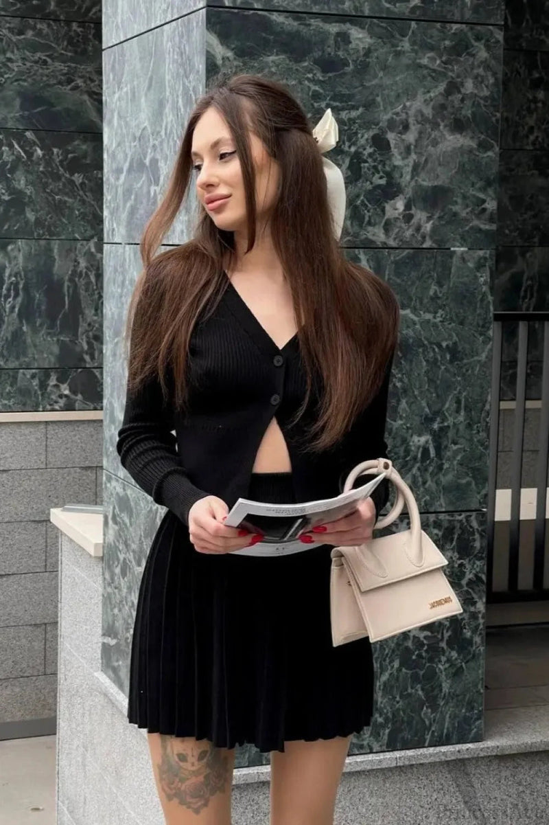 Bodycon Cropped Knit Pleated Two Piece Set