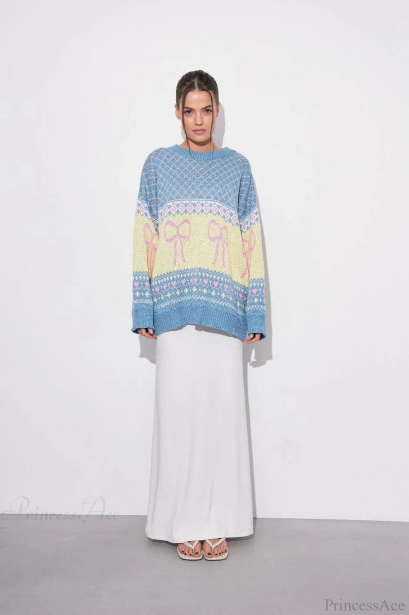 Bow Color Block Crew Neck Outer Wear Warm Lazy Knit Sweater