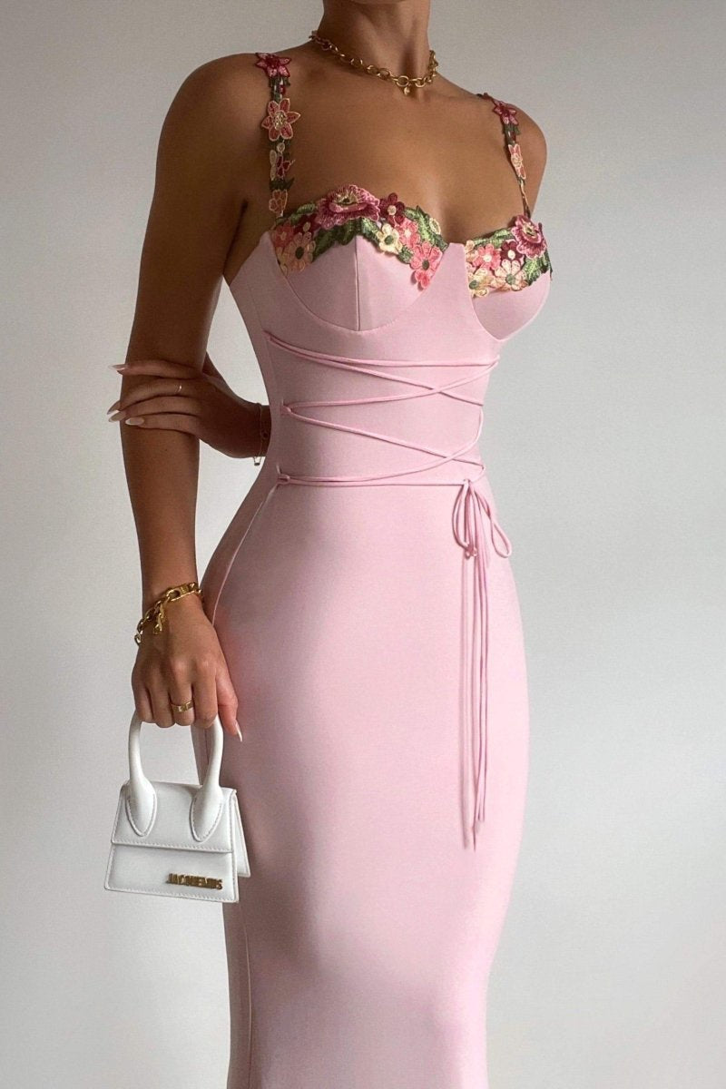 Brenda Embroidered Lace-up Midi Dress