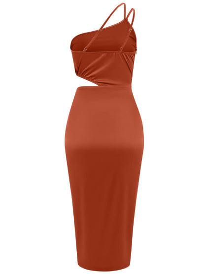 Vianne One-shoulder Satin Midi Dress - Brown