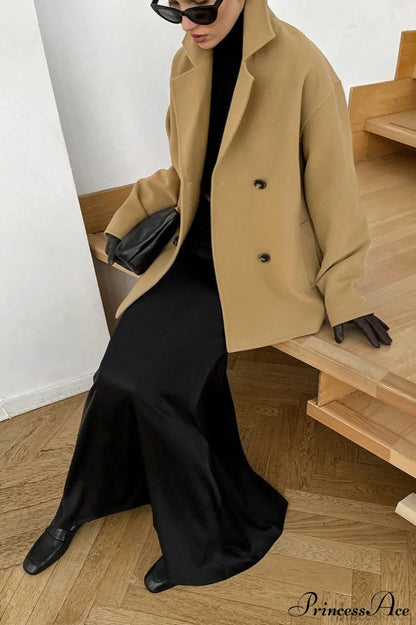 Brown Double-breasted Thick Midi Wool Coat