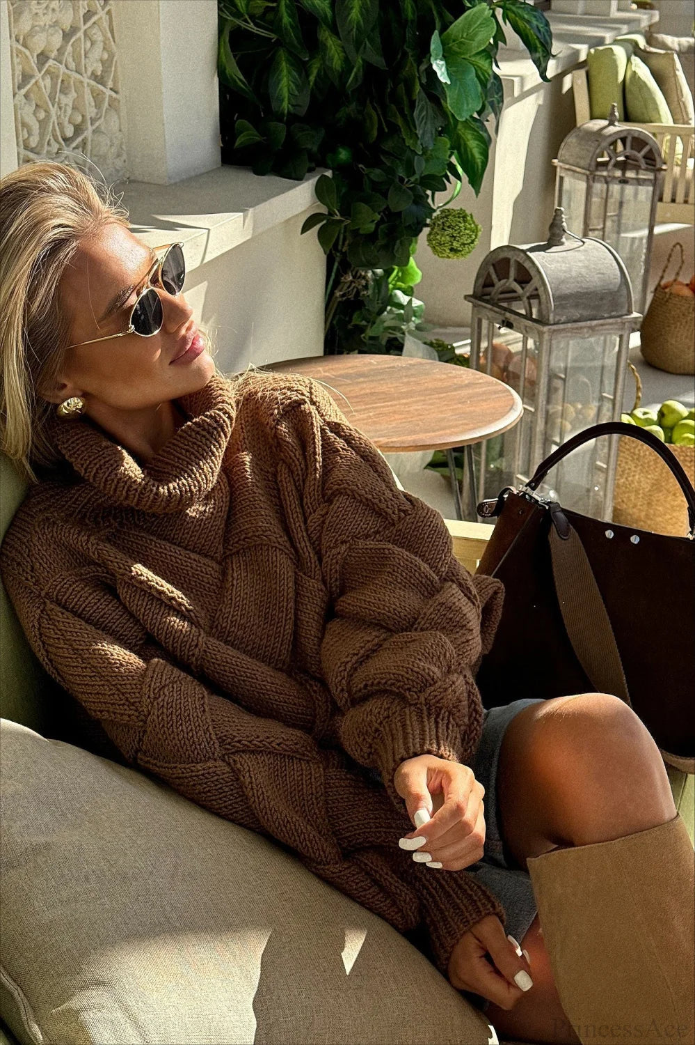Brown Turtleneck Argyle Cropped Sweater