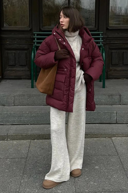 Burgundy Hooded Tie-waist Zippered Cotton Coat