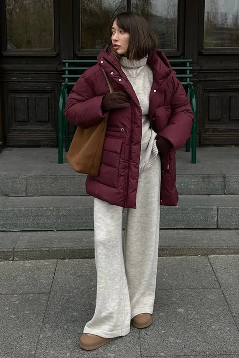 Burgundy Hooded Tie-waist Zippered Cotton Coat