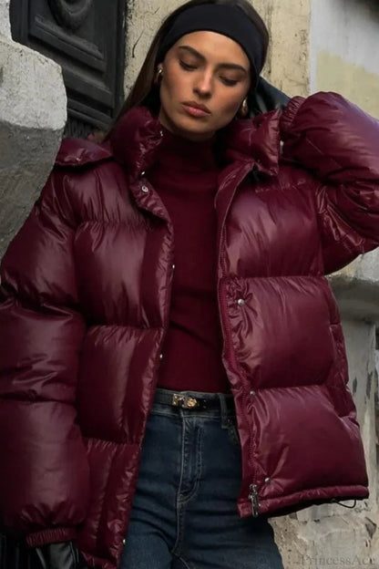 Burgundy Stand Collar Single Breasted Zipper Quilted Coat