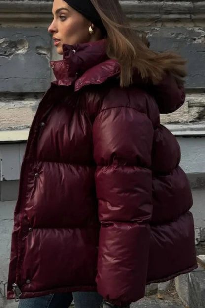 Burgundy Stand Collar Single Breasted Zipper Quilted Coat