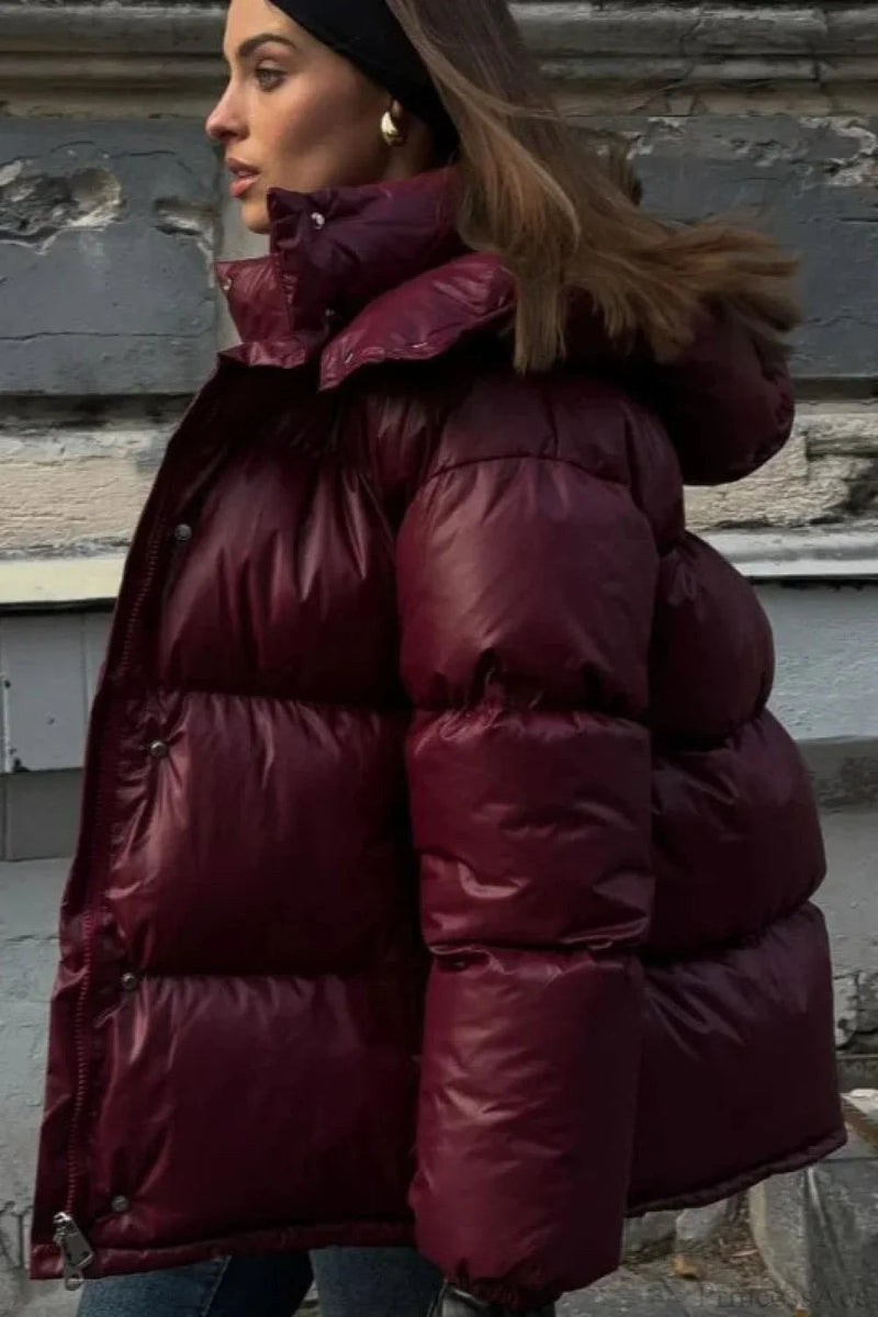 Burgundy Stand Collar Single Breasted Zipper Quilted Coat