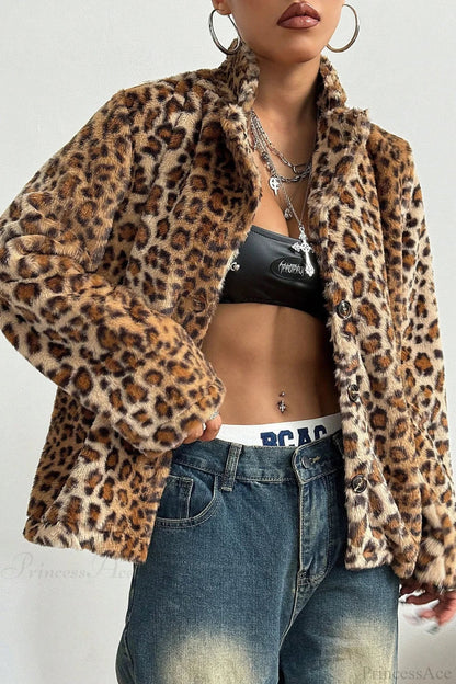 Buttoned Turn-down Collar Thickened Leopard Coat
